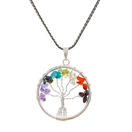 7 Chakra Tree of Life Pendant | Healing Crystal Stone Locket with Metal Chain | Healing Crystal Healing Gemstone Size 35-40 mm Clear Quartz 🌈🔮