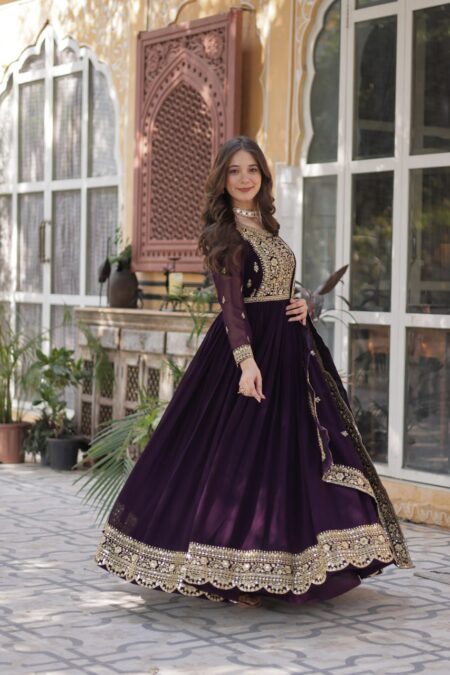Women’s Faux Blooming Velvet-Style Anarkali Gown with Heavy Zari & Sequin Embroidery + Dupatta – Wedding & Festive Wear (Purple & Navy Blue)