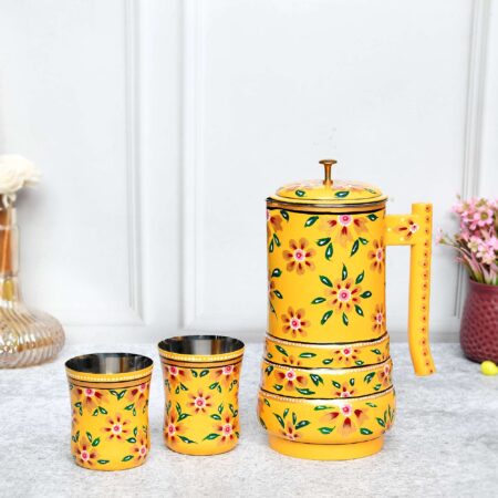 Aluminium Jug with 2 Glasses | Mustard Yellow Designer Drinkware Set