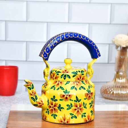 Hand-Painted Aluminium Tea Kettle | Mustard Yellow & Blue Handle 750 ml Art Serveware
