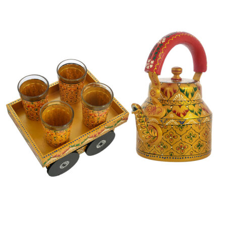 Golden Hand-Painted Aluminum Tea Kettle Set with 4 Glasses & Wooden Tray | Artisanal Home Decor