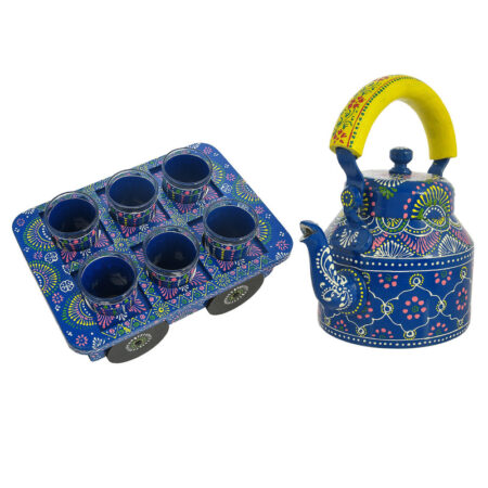 Royal Blue Hand-Painted Aluminium Tea Kettle Set with 6 Glass Tea Cups and Wooden Cart | Majestic Artisanal Serveware