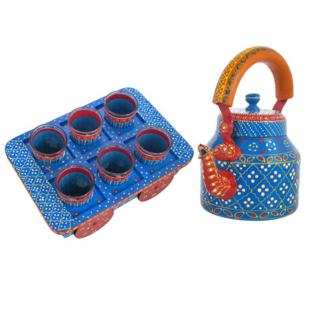 Blue Hand-Painted Aluminium Tea Kettle Set with 6 Glass Tea Cups and Wooden Cart | Artistic Serveware
