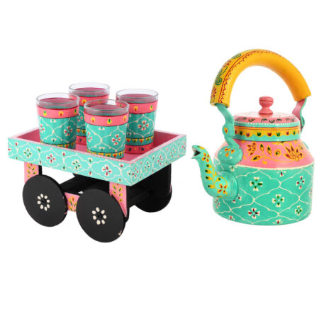 Aqua Blue and Pink Hand-Painted Aluminium Tea Kettle Set with 4 Glass Cups and Wooden Cart | Decorative Serveware