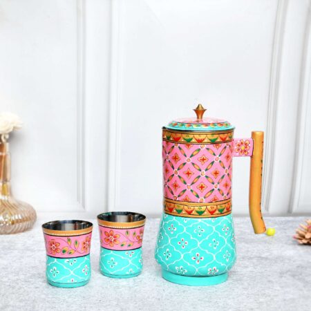 Aluminium Jug with 2 Glasses | Pink & Aqua Blue Designer Beverage Set