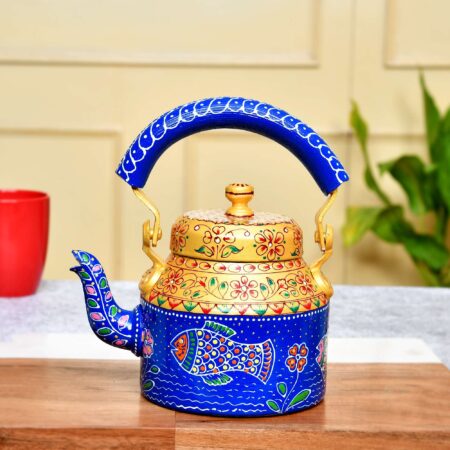 Blue & Gold Hand-Painted Aluminium Tea Kettle | 750 ml Artistic Serveware for Home & Gifting