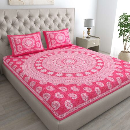 Jaipuri 100% Pure Cotton Double Bedsheet With A Mandala And Floral Block PrintedPattern And Two Pillow Cover (Pink)