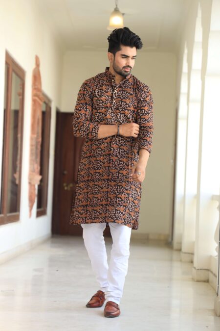 Men's Brown & Black Printed Cotton Kurta Pyjama Set | Traditional Festive & Wedding Wear