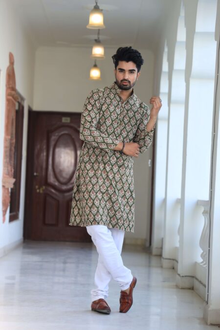 Men's Green Printed Cotton Kurta Pyjama Set | Traditional Festive & Wedding Wear