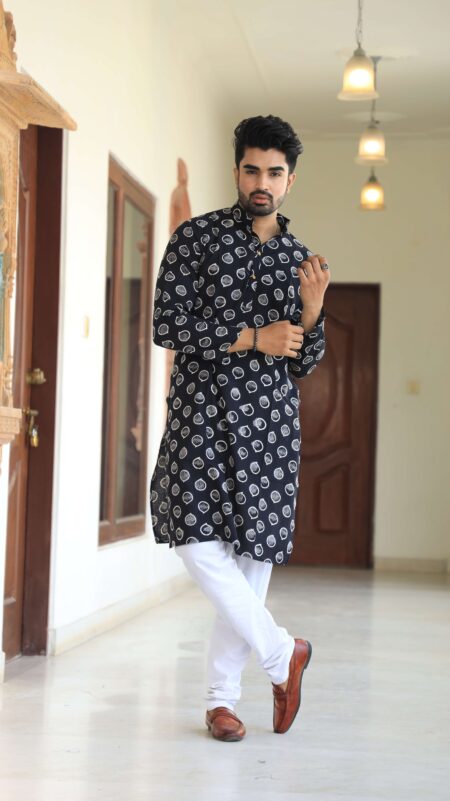 Men's Black Printed Cotton Kurta Pyjama Set | Traditional Festive & Wedding Wear