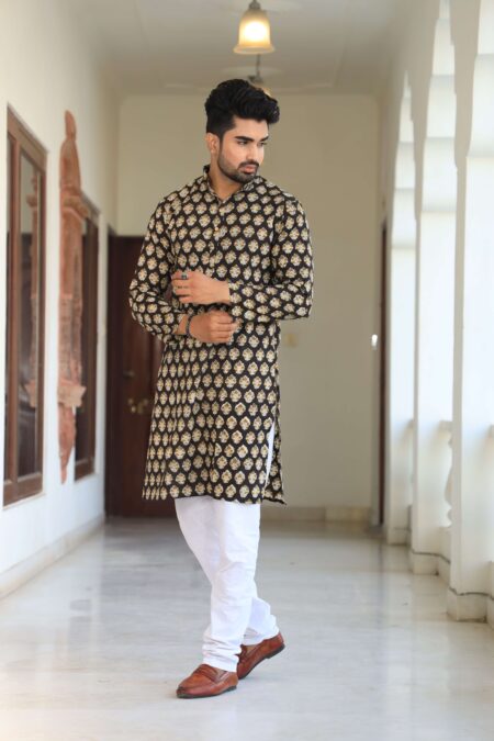 Men's Black Printed Cotton Kurta Pyjama Set | Traditional Festive & Wedding Wear