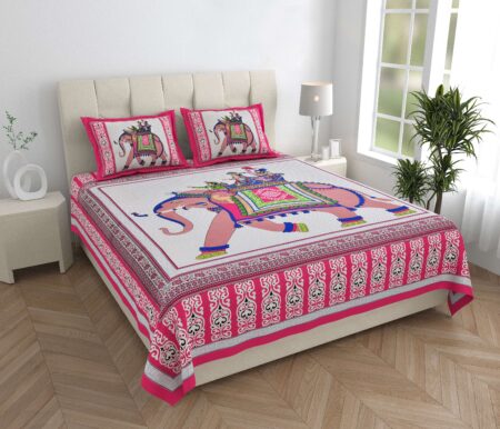 Rajasthani Traditionally Printed Cotton Doublebed Bedsheet With Pack of 2 Pillow Covers