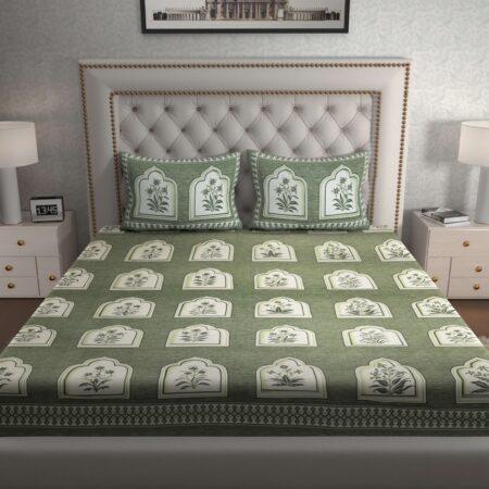 Greenish Jaipuri-Style Floral Printed Double Bedsheet With Two Matching Pillow Covers