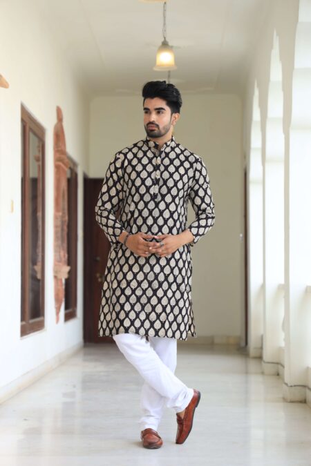 Men's Black Leaf Printed Cotton Kurta Pyjama Set | Traditional Festive & Wedding Wear