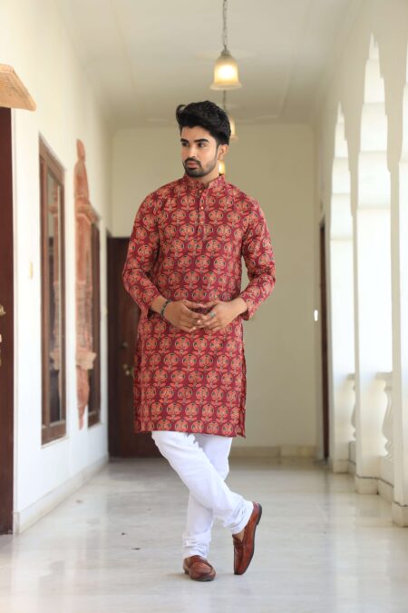 Men's Red Printed Cotton Kurta Pyjama Set | Traditional Festive & Wedding Wear