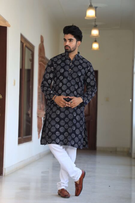 Men's Black Printed Cotton Kurta Pyjama Set | Traditional Festive & Wedding Wear