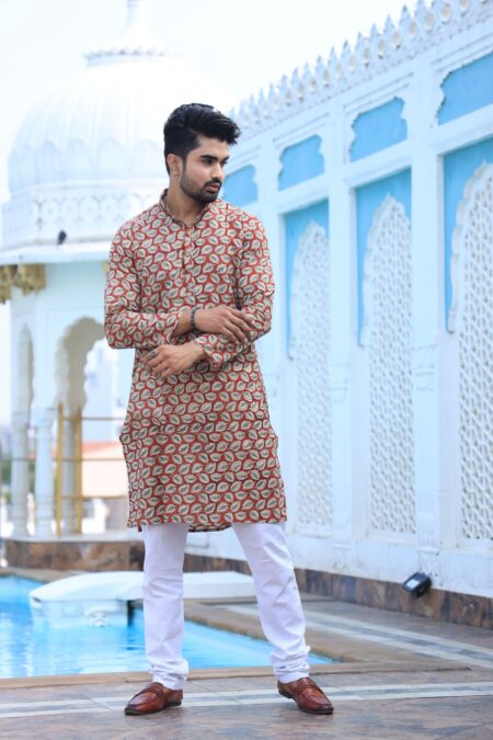 Men's Beige Printed Cotton Kurta Pyjama Set | Traditional Festive & Wedding Wear