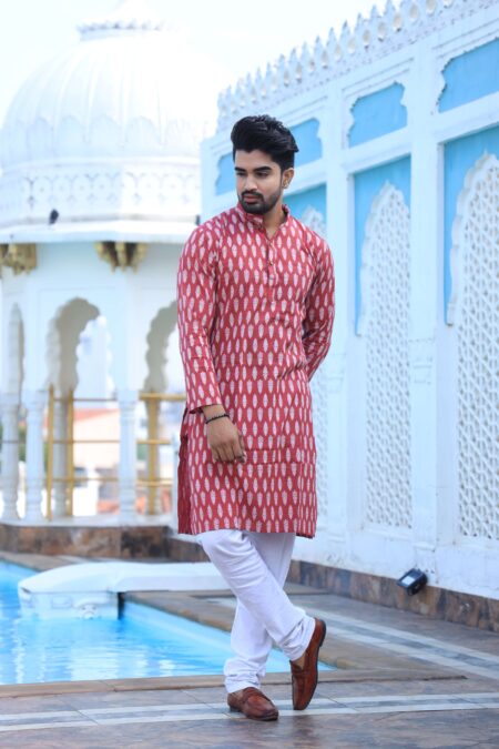 Men's Red Printed Cotton Kurta Pyjama Set | Traditional Festive & Wedding Wear