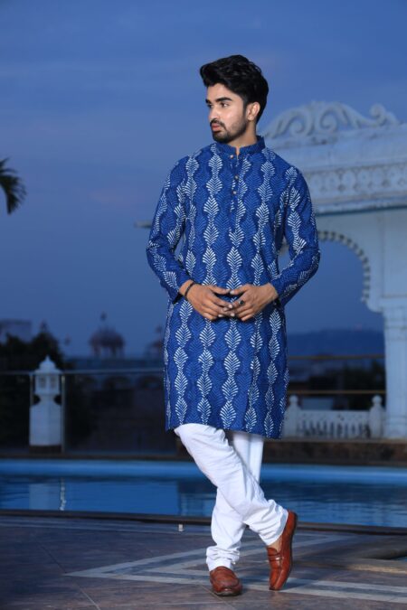Men's Blue Handblock Printed Cotton Kurta Pyjama Set | Traditional Festive & Wedding Wear